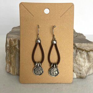 Silpada Sterling Silver 925 Brown Leather Prairie Girl Disc Dangle Drop Earrings